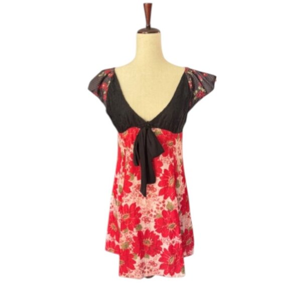 Free People Aurora Dress Red Floral A-line Mini Babydoll Puff Sleeves Large NWOT - Picture 3 of 16